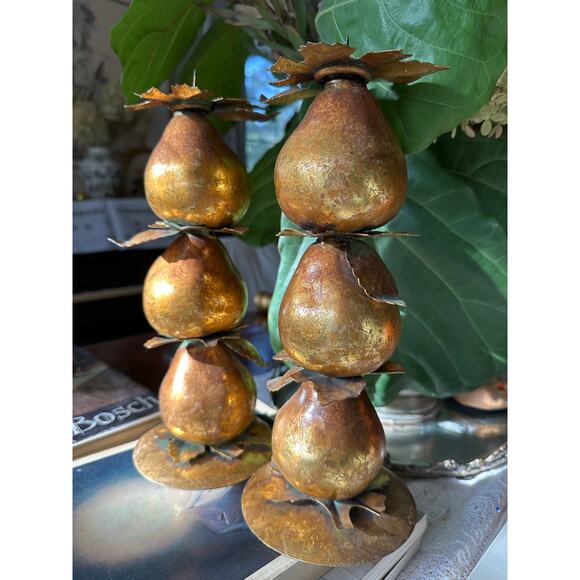 Vintage Gold Leaf Gilded Pear Candle Holders centerpiece set 2 fall decor 11x4” - Picture 4 of 11